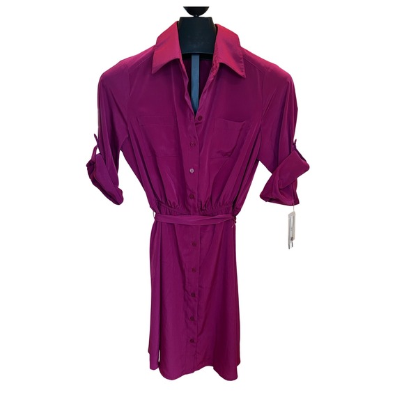 AB Studio Dresses & Skirts - AB‎ Studio Women Magenta Pink Button Front Roll Tab Sleeve Belted Dress 6 NEW